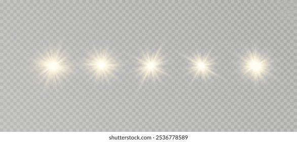 La luz brillante amarilla explota sobre un fondo transparente. Partículas de polvo mágicas brillantes. Estrella brillante. Sol brillante transparente, flash brillante. Vector brilla.