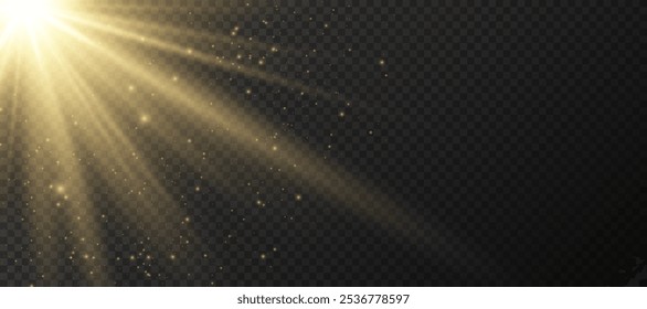 Yellow glowing light explodes on a transparent background. Sparkling magical dust particles. Bright Star. Transparent shining sun, bright flash. Vector sparkles.