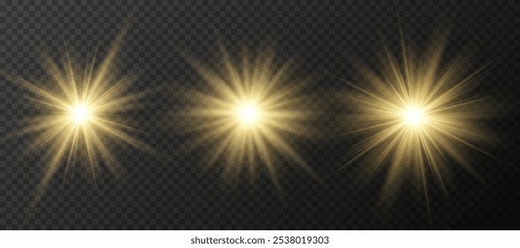 Yellow glowing light explodes on a transparent background. Sparkling magical dust particles. Bright Star. Transparent shining sun, bright flash. Vector sparkles.