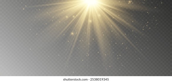 A luz amarela brilhante explode em um fundo transparente. Partículas de poeira mágica cintilante. Estrela Brilhante. Sol brilhante transparente, flash brilhante. Cintilações vetoriais.