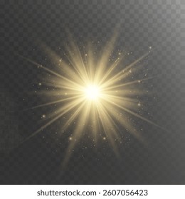 Yellow glowing light explodes on a transparent background. Sparkling magical dust particles. Bright Star. Transparent shining sun, bright flash. Vector sparkles. The image depicts a golden light