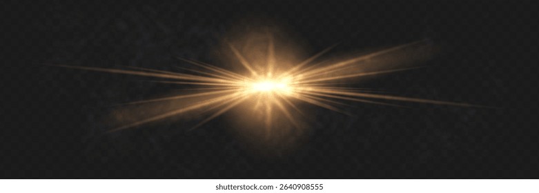 Yellow glowing light explodes on a transparent background. Sparkling magical dust particles. Bright Star. Transparent shining sun, bright flash. Vector sparkles. To center a bright flash.