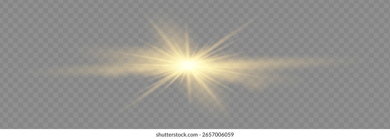 A luz amarela brilhante explode em um fundo transparente. Partículas de poeira mágica cintilante. Estrela Brilhante. Sol brilhante transparente, flash brilhante. Cintilações vetoriais. Para centralizar um flash brilhante