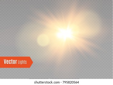 Yellow glowing light explodes on a transparent background. Vector illustration of light decoration effect with ray. Bright Star. Transparent shining sun, bright flash. The center of a bright flash.