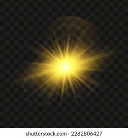 Yellow glowing light star on a black background. Transparent shining sun, star explodes and bright flash. Yellow bright illustration starburst. 