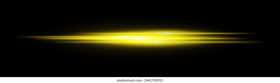 Yellow glowing light streak. Horizontal neon beam with smooth glow and layered flow on black background, fitting tech, motion or speed themes.