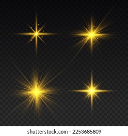 Yellow glowing lights explodes on transparent background. Golden light flare effect with stars, sparkles and glitter. Shiny glow star with stardust, gold lens flare. Sun flash with rays. Vector.