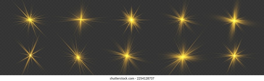 Yellow glowing lights explodes on transparent background. Golden light flare effect with stars, sparkles and glitter. Shiny glow star with stardust, gold lens flare. Sun flash with rays. Vector.