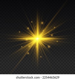 Yellow glowing lights explodes on transparent background. Golden light flare effect with stars, sparkles and glitter. Shiny glow star with stardust, gold lens flare. Sun flash with rays. Vector.