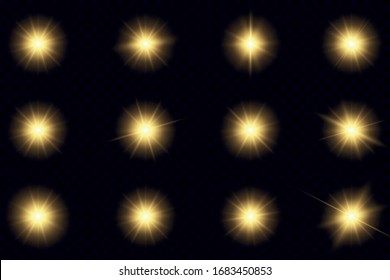 Yellow glowing lights and stars. A flash of sun with rays and spotlight. The star burst with brilliance. Special effect isolated on transparent background. Vector illustration, EPS 10.