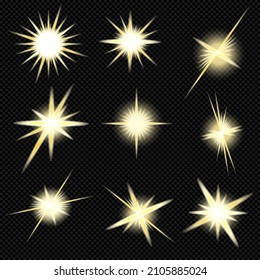 Yellow glowing lights stars. A flash of sun with rays and spotlight. Set of burst stars with brilliance. Special effect isolated on transparent background