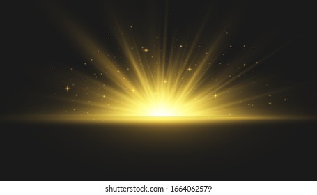 Yellow glowing lights sun rays. Flash of sun with rays and spotlight. The star burst with brilliance. Special lights effect isolated on transparent background. Vector illustration, EPS 10.