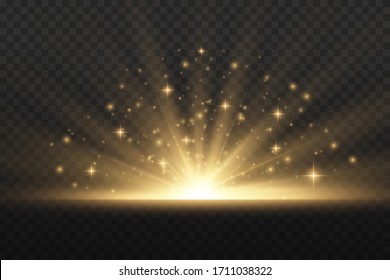 Rayos de sol brillantes amarillos. Efecto especial con rayos de luz y chispas mágicas. Brillante y brillante estrella dorada. La estrella estalló de alegría. Ilustración del vector, EPS 10.