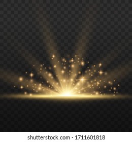 Yellow glowing lights sun rays. Flare special effect with rays of light and magic sparkles. Bright and shining golden star. The star burst with brilliance. Vector illustration, EPS 10.