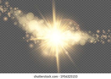 Yellow glowing lights sun rays. Flash of sun with rays and spotlight. The star burst with brilliance. Special lights effect isolated on transparent background. Vector illustration, EPS 10.