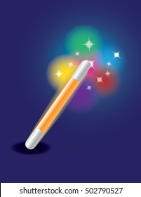 Yellow glowing magic wand vector with colorful lights and sparks on a dark blue background