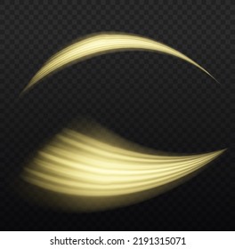 Yellow glowing motion line. Dynamic golden waves. Luminous gold lines of speed. Light sparkling effect. Magic speed flying trails of shine, bright shimmer particles fly. Vector illustration.