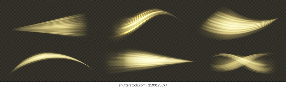 Línea de movimiento amarillo brillante. Olas doradas dinámicas. Luminosas líneas de velocidad de oro. Efecto espumoso claro. Rayos voladores mágicos de brillo, partículas brillantes de brillo vuelan. Ilustración vectorial.