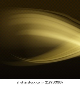 Yellow glowing motion line. Dynamic golden waves. Luminous gold lines of speed. Light sparkling effect. Magic speed flying trails of shine, bright shimmer particles fly. Vector illustration.