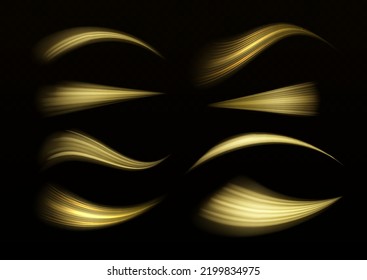 Yellow glowing motion line. Dynamic golden waves. Luminous gold lines of speed. Light sparkling effect. Magic speed flying trails of shine, bright shimmer particles fly. Vector illustration.