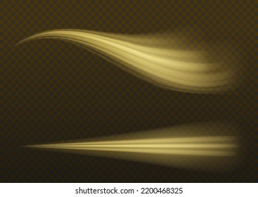 Yellow glowing motion line. Dynamic golden waves. Luminous gold lines of speed. Light sparkling effect. Magic speed flying trails of shine, bright shimmer particles fly. Vector illustration.