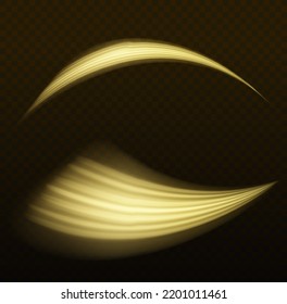Línea de movimiento amarillo brillante. Olas doradas dinámicas. Luminosas líneas de velocidad de oro. Efecto espumoso claro. Rayos voladores mágicos de brillo, partículas brillantes de brillo vuelan. Ilustración vectorial.