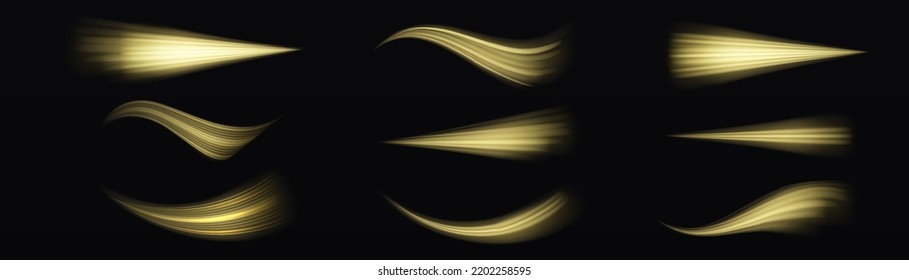 Yellow glowing motion line. Dynamic golden waves. Luminous gold lines of speed. Light sparkling effect. Magic speed flying trails of shine, bright shimmer particles fly. Vector illustration.
