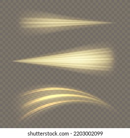 Línea de movimiento amarillo brillante. Olas doradas dinámicas. Luminosas líneas de velocidad de oro. Efecto espumoso claro. Rayos voladores mágicos de brillo, partículas brillantes de brillo vuelan. Ilustración vectorial.