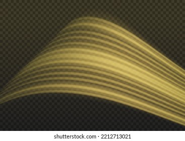 Línea de movimiento amarillo brillante. Olas doradas dinámicas. Luminosas líneas de velocidad de oro. Rayos de brillo volando a velocidad mágica. Efecto de la luz de giro brillante. Girar en círculo neón dinámico. Ilustración vectorial.