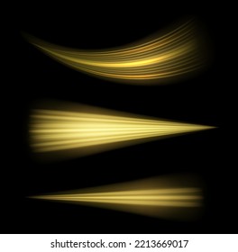 Yellow glowing motion line. Dynamic golden waves. Luminous gold lines of speed. Magic speed flying trails of shine. Glow swirl light effect. Swirling dynamic neon circle. Vector illustration.