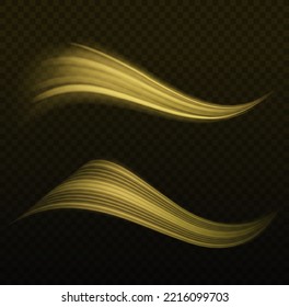 Yellow glowing motion line. Dynamic golden waves. Luminous gold lines of speed. Magic speed flying trails of shine. Glow swirl light effect. Swirling dynamic neon circle. Vector illustration.