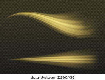 Línea de movimiento amarillo brillante. Olas doradas dinámicas. Luminosas líneas de velocidad de oro. Rayos de brillo volando a velocidad mágica. Efecto de la luz de giro brillante. Girar en círculo neón dinámico. Ilustración vectorial.