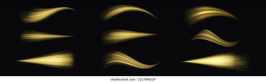 Yellow glowing motion line. Dynamic golden waves. Luminous gold lines of speed. Magic speed flying trails of shine. Glow swirl light effect. Swirling dynamic neon circle. Vector illustration.