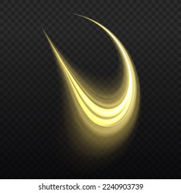 Yellow glowing motion line. Dynamic golden waves. Luminous gold lines of speed. Light sparkling effect. Magic speed flying trails of shine, bright shimmer particles fly. Vector illustration.