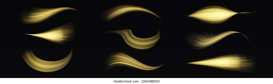 Línea de movimiento amarillo brillante. Olas doradas dinámicas. Luminosas líneas de velocidad de oro. Efecto espumoso claro. Rayos voladores mágicos de brillo, partículas brillantes de brillo vuelan. Ilustración vectorial.