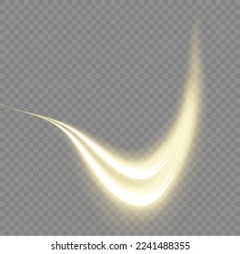 Línea de movimiento amarillo brillante. Olas doradas dinámicas. Luminosas líneas de velocidad de oro. Efecto espumoso claro. Rayos voladores mágicos de brillo, partículas brillantes de brillo vuelan. Ilustración vectorial.