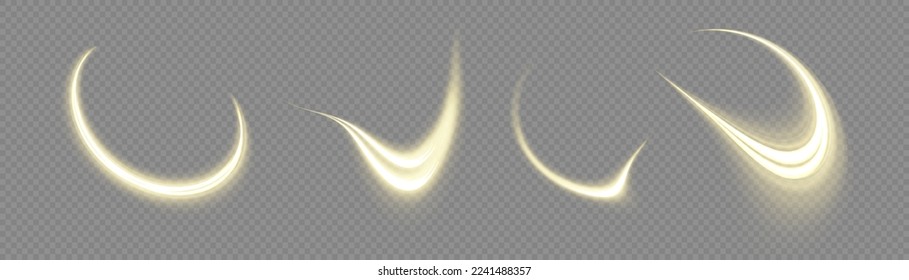 Yellow glowing motion line. Dynamic golden waves. Luminous gold lines of speed. Light sparkling effect. Magic speed flying trails of shine, bright shimmer particles fly. Vector illustration.