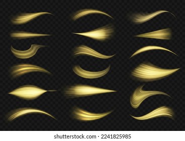 Yellow glowing motion line. Dynamic golden waves. Luminous gold lines of speed. Light sparkling effect. Magic speed flying trails of shine, bright shimmer particles fly. Vector illustration.