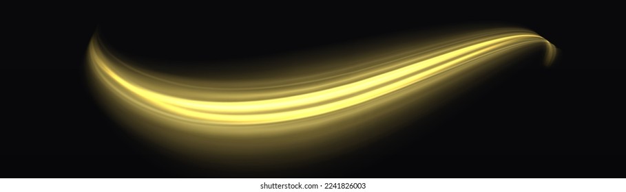 Yellow glowing motion line. Dynamic golden waves. Luminous gold lines of speed. Light sparkling effect. Magic speed flying trails of shine, bright shimmer particles fly. Vector illustration.