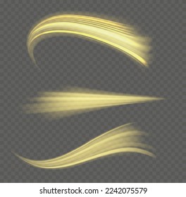 Yellow glowing motion line. Dynamic golden waves. Luminous gold lines of speed. Light sparkling effect. Magic speed flying trails of shine, bright shimmer particles fly. Vector illustration.