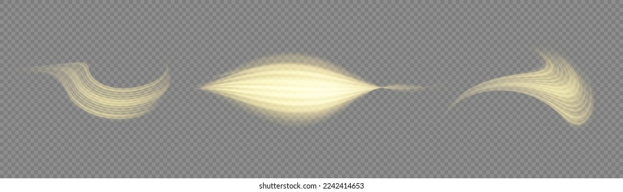 Yellow glowing motion line. Dynamic golden waves. Luminous gold lines of speed. Light sparkling effect. Magic speed flying trails of shine, bright shimmer particles fly. Vector illustration.