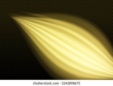 Yellow glowing motion line. Dynamic golden waves. Luminous gold lines of speed. Light sparkling effect. Magic speed flying trails of shine, bright shimmer particles fly. Vector illustration.
