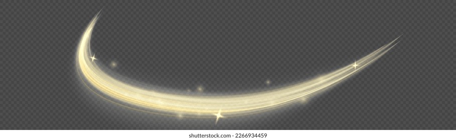 Yellow glowing motion line. Dynamic golden waves. Luminous gold lines of speed. Light sparkling effect. Magic speed flying trails of shine, bright shimmer particles fly. Twist with sparkle dust Vector