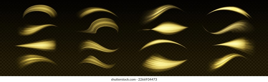 Yellow glowing motion line. Dynamic golden waves. Luminous gold lines of speed. Light sparkling effect. Magic speed flying trails of shine, bright shimmer particles fly. Vector illustration.