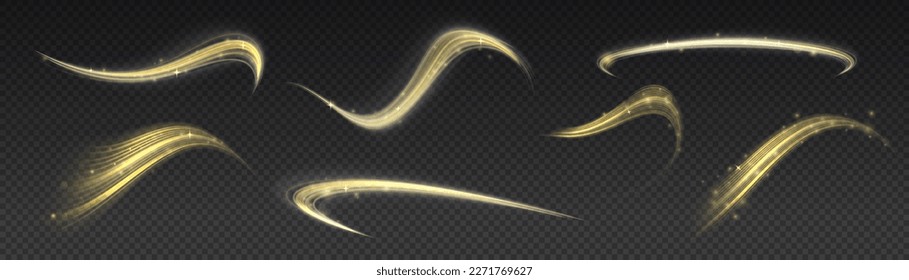 Yellow glowing motion line. Dynamic golden waves. Luminous gold lines of speed. Light sparkling effect. Magic speed flying trails of shine, bright shimmer particles fly. Twist with sparkle dust Vector