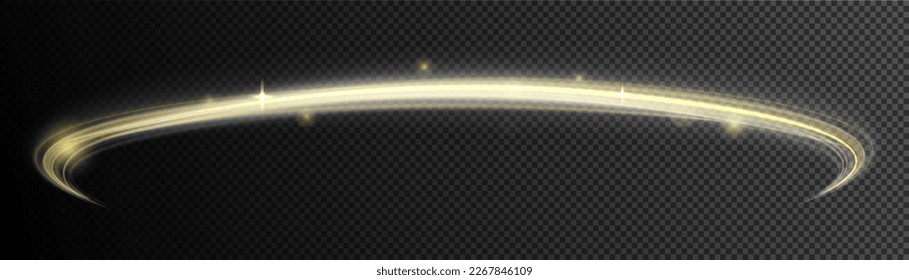Gelbe glühende Bewegungslinie. Lichtfunkelnde Wirkung. Dynamische goldene Wellen. Leuchtende goldene Geschwindigkeitslinien. Zaubergeschwindigkeit fliegende Pfade glänzender, heller Schimmer-Partikel fliegen. Twist mit funkelndem Staub Vektor