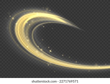 Línea de movimiento amarillo brillante. Efecto espumoso claro. Olas doradas dinámicas. Luminosas líneas de velocidad de oro. Rayos voladores mágicos de brillo, partículas brillantes de brillo vuelan. Giro con el vector de polvo brillante