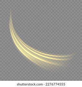 Yellow glowing motion line. Light sparkling effect. Dynamic golden waves. Luminous gold lines of speed. Magic speed flying trails of shine, bright shimmer particles fly. Sparkle twist vector