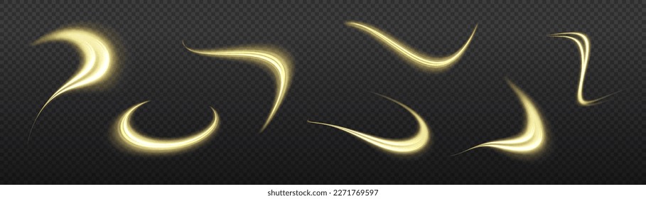 Yellow glowing motion line. Magic speed flying trails of shine, bright shimmer particles fly. Light sparkling effect. Dynamic golden waves. Luminous gold lines of speed. Vector illustration.