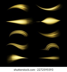 Línea de movimiento amarillo brillante. Rayos voladores mágicos de brillo, partículas brillantes de brillo vuelan. Efecto espumoso claro. Olas doradas dinámicas. Luminosas líneas de velocidad de oro. Ilustración vectorial.